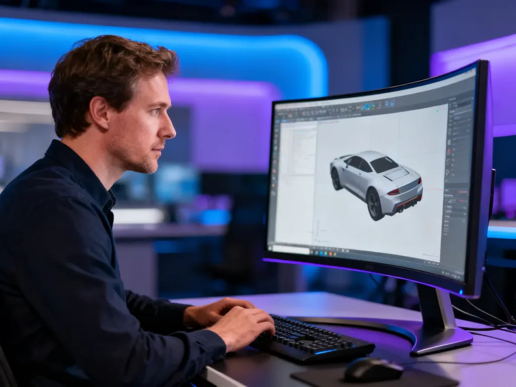 Specjalista tworzący model 3D na zaawansowanej stacji roboczej w nowoczesnym studiu graficznym.