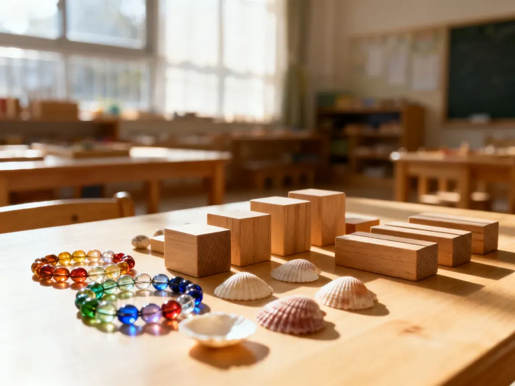 Drewniane klocki Montessori oraz materiały plastyczne w stylu Reggio Emilia na jasnym, słonecznym stole w sali przedszkolnej.