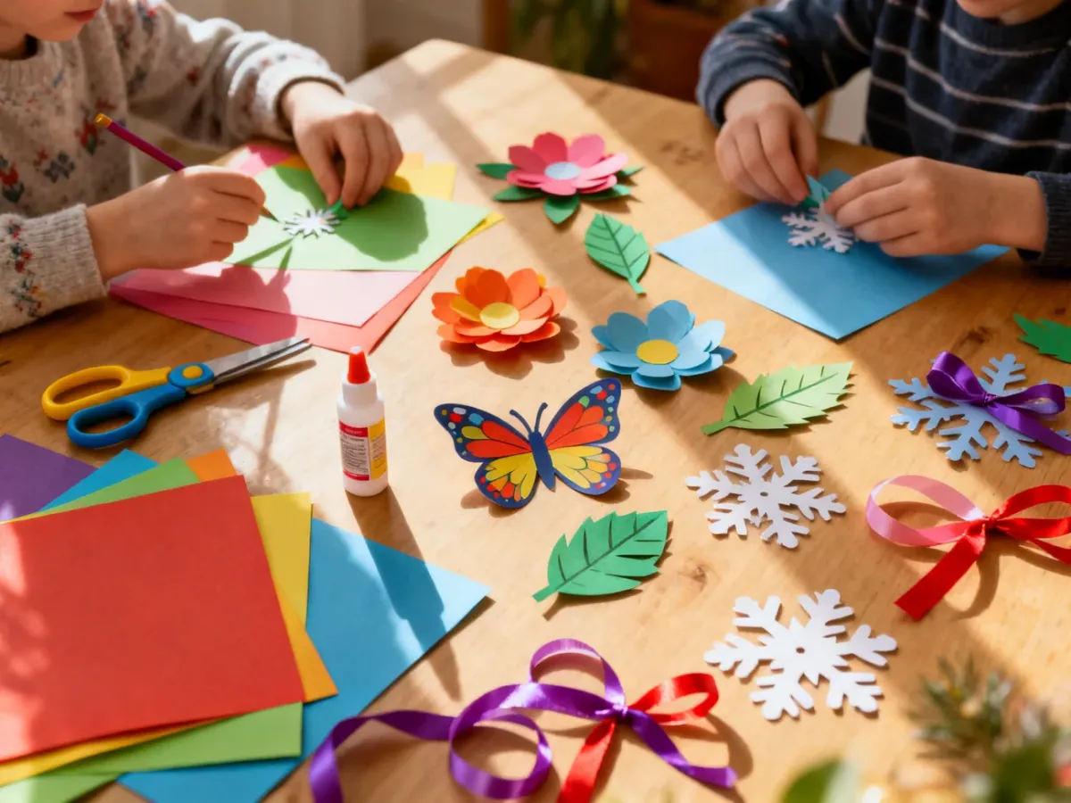Dzieci tworzące kolorowe dekoracje z papieru przy pełnym materiałów stole
