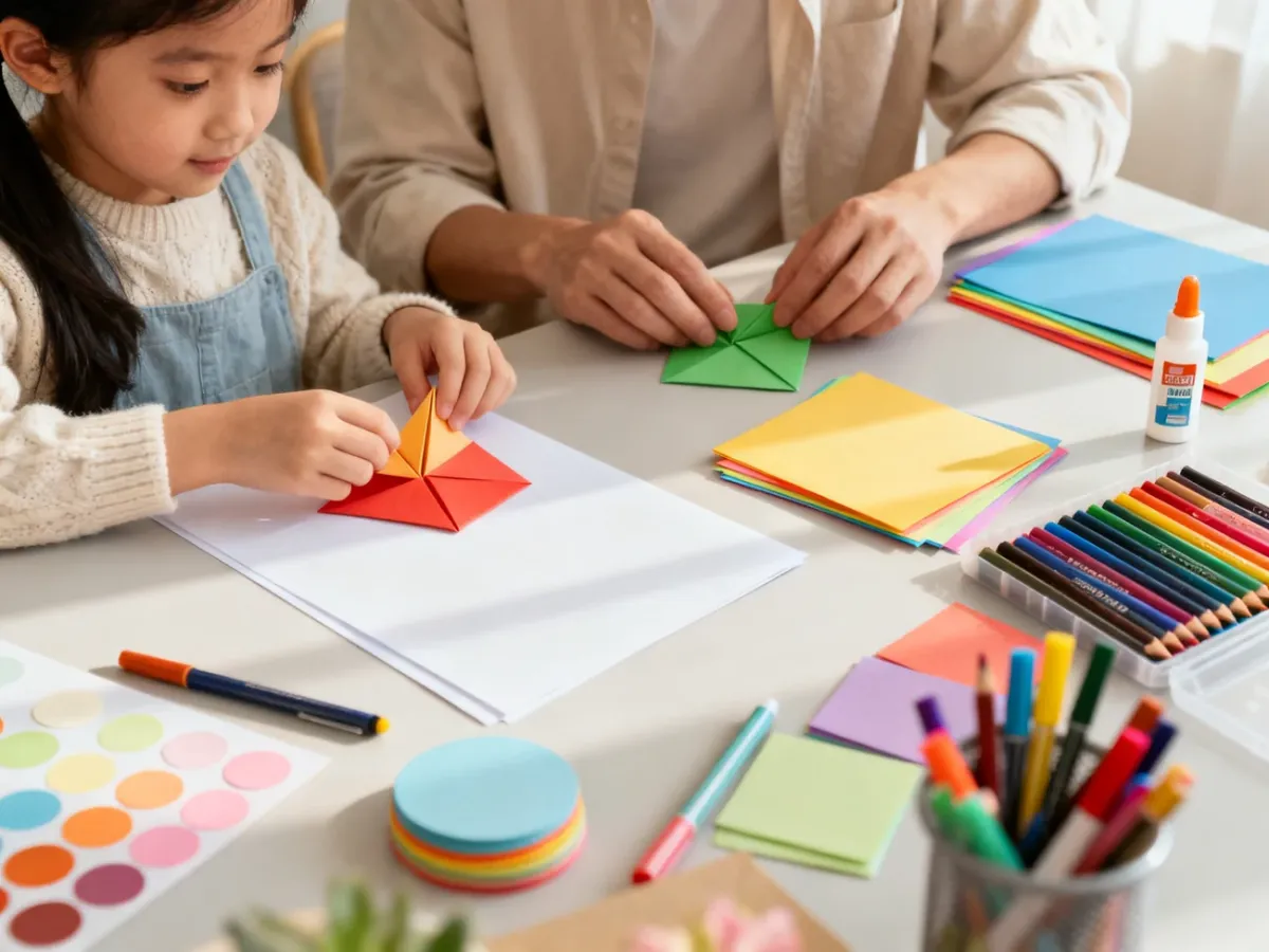 Rodzic i dziecko przygotowują kolorowe materiały do składania origami