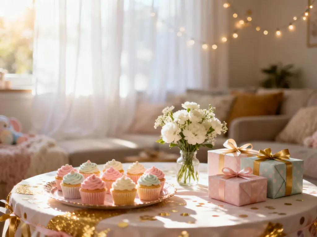 Stół na baby shower udekorowany pastelowymi babeczkami, kwiatami i prezentami w przytulnym, słonecznym salonie.