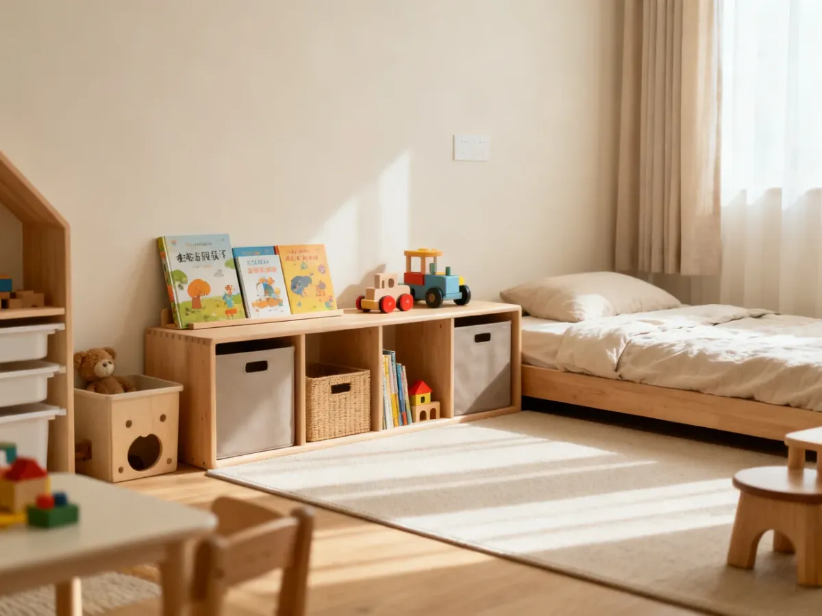 Pokój dziecka urządzony w stylu Montessori z niskimi półkami, książkami i łóżkiem przy podłodze