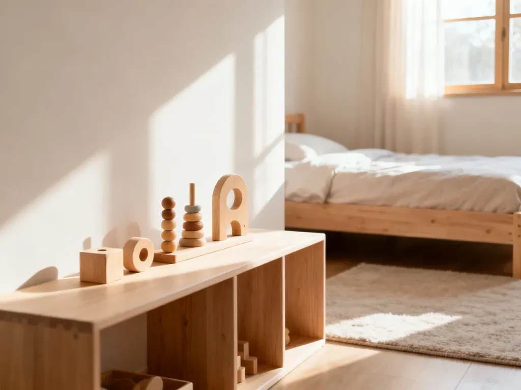 Minimalistyczny pokój dziecięcy w stylu Montessori z niskimi półkami, drewnianymi zabawkami i łóżkiem na poziomie podłogi.