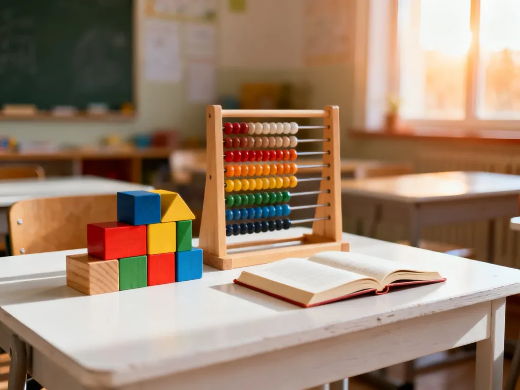 Kolorowe klocki, liczydło i otwarta książka na biurku, symbolizujące pomoce dydaktyczne w edukacji Montessori.