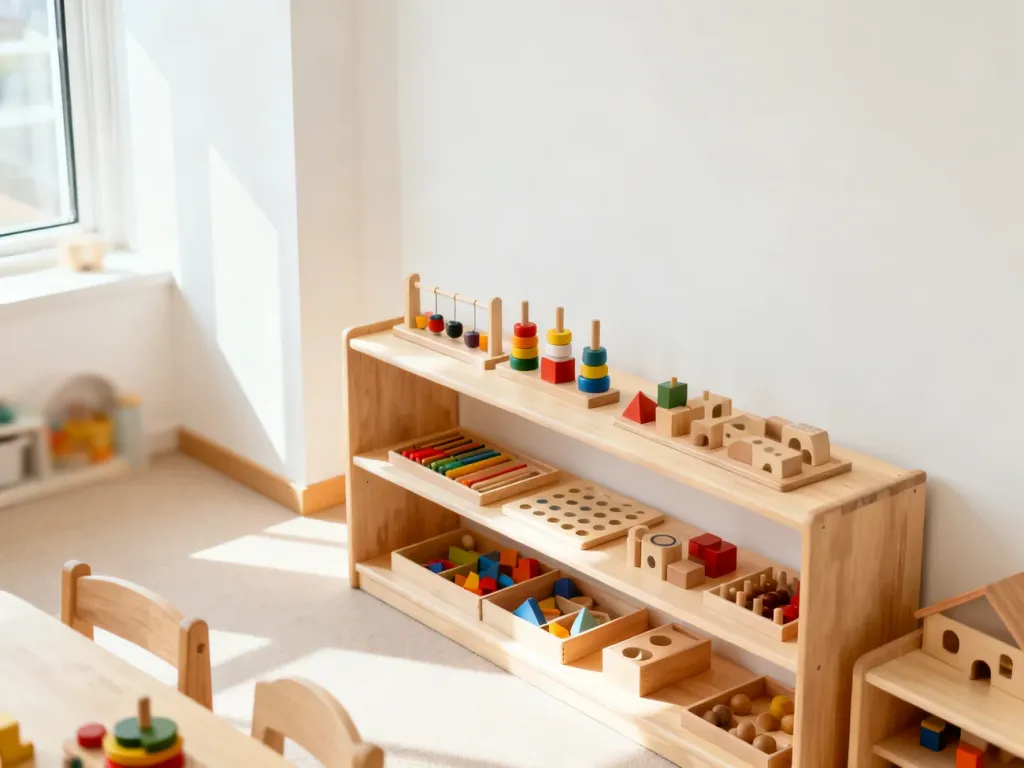 Jasny, minimalistyczny pokój dziecięcy z uporządkowanymi zabawkami na niskich półkach w stylu Montessori.